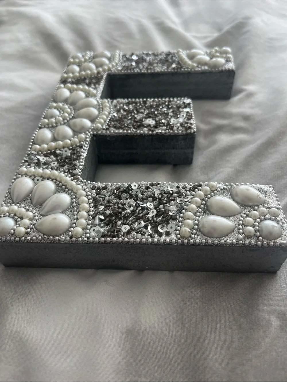 Letter E Decor in Silver and Pearl